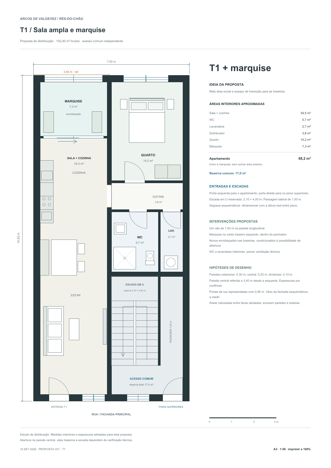 Planta conceptual de um apartamento T1 no rés-do-chão