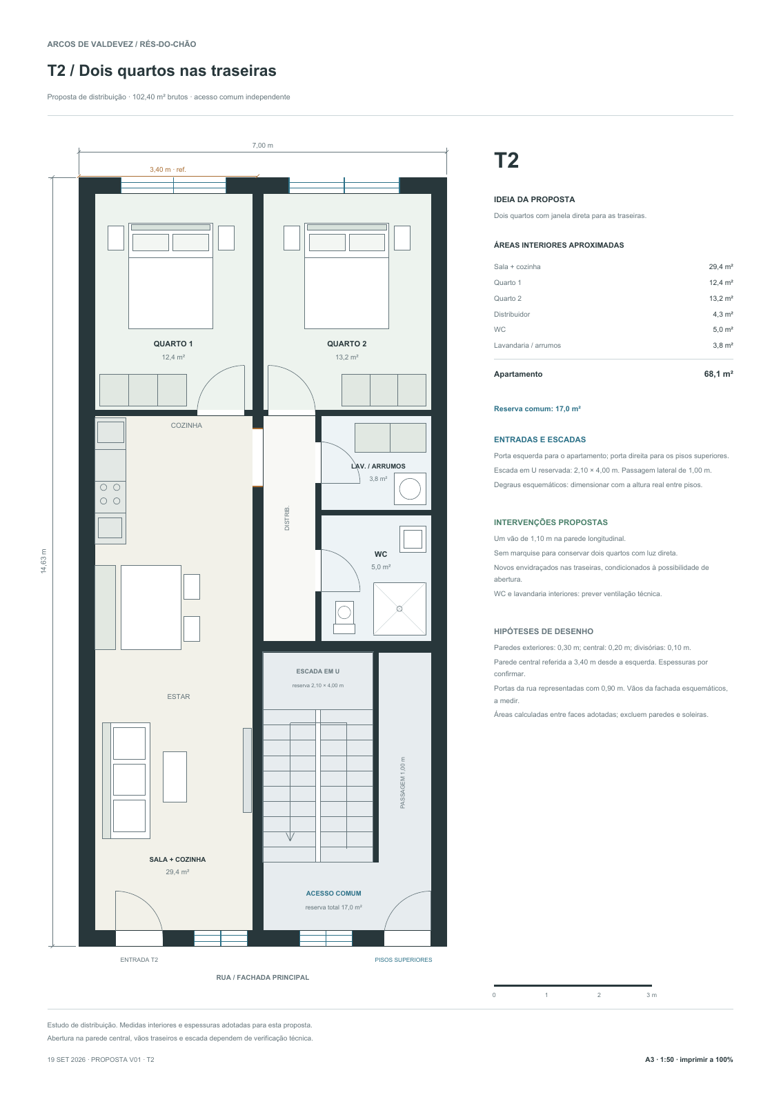 Planta conceptual de um apartamento T2 no rés-do-chão
