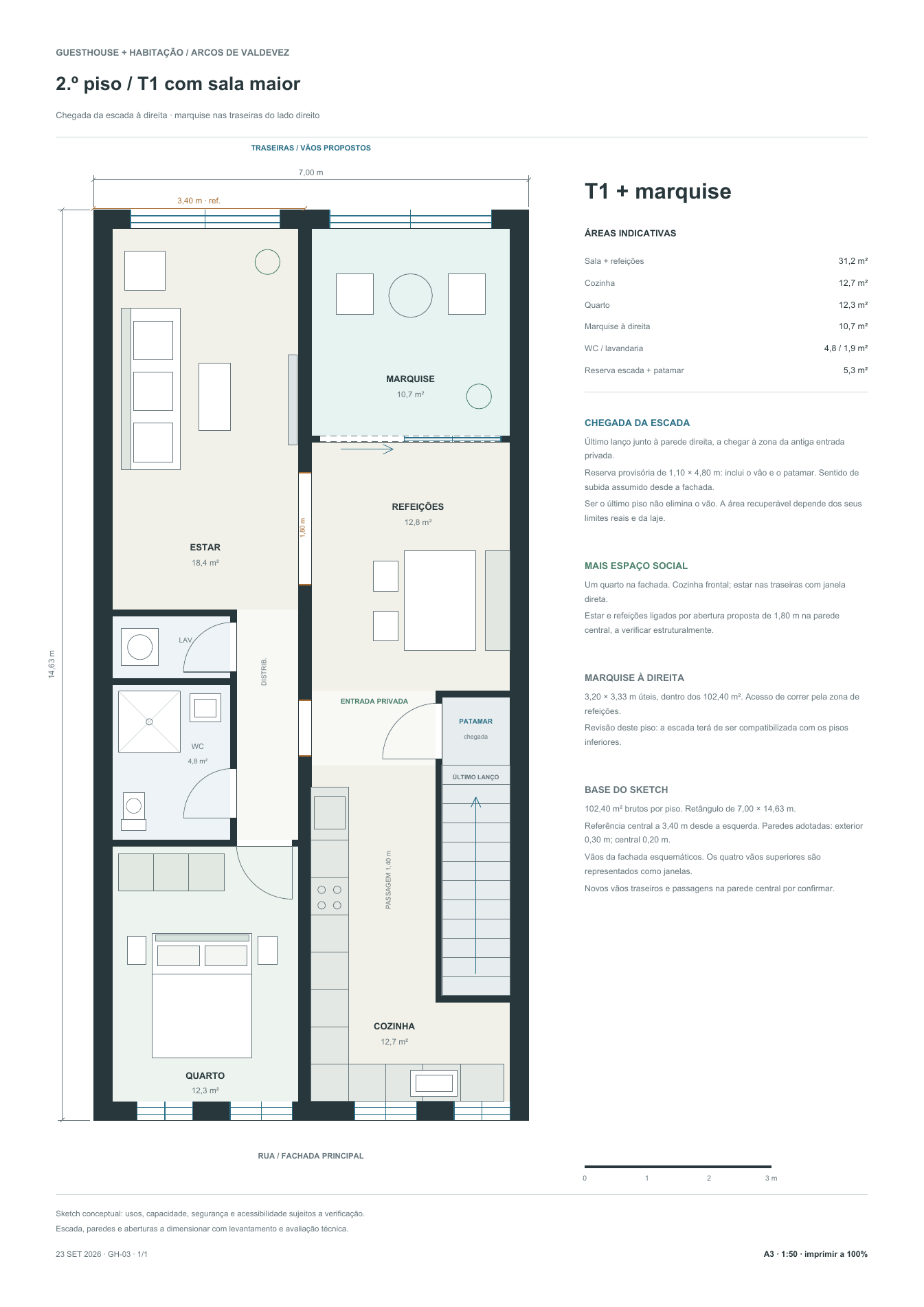 Estudo de uso misto: T1 privado no 2.º andar